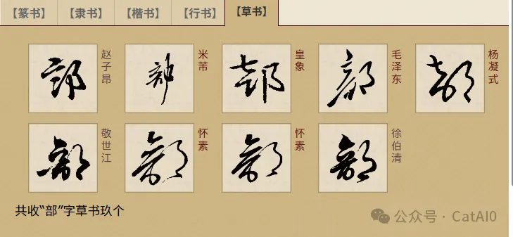 草书「部」字的不同写法示例